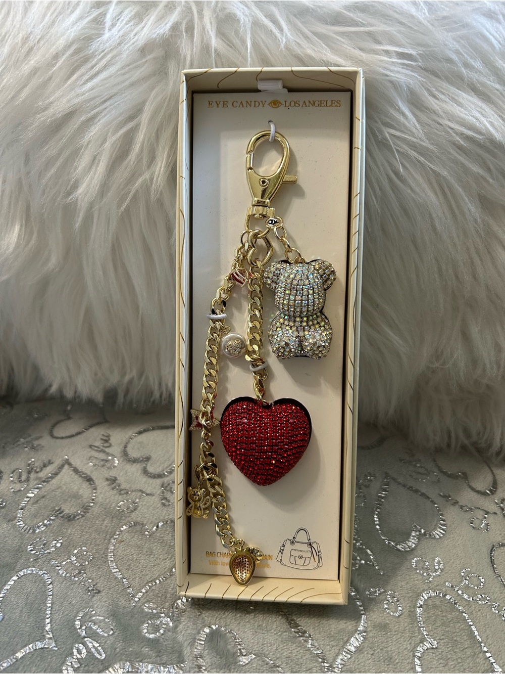NWT Eye Candy LosAngeles 6” Gold-Tone Keychain w/Red Heart & Crystal Bear Charms